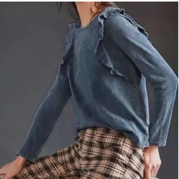NWT Anthropologie Eri + Ali Priscilla Washed Ruffle-Sleeve Top Teal sz S cotton - Picture 1 of 8
